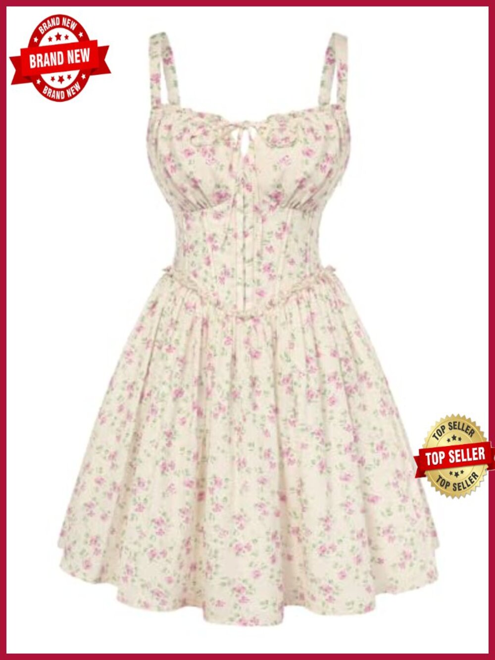 Floral Corset Dress Lace Up Mini Sundress with Pockets Spaghetti Straps